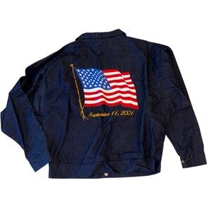 Vtg Dion Denim Jacket 9/11 American Flag USA Snap Front Men’s L 2001 NOS Jean